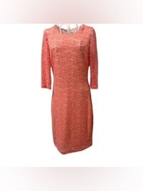 Badgley Mischka Coral Lace 3/4 Sleeve Lace Overlay Fitted Dress